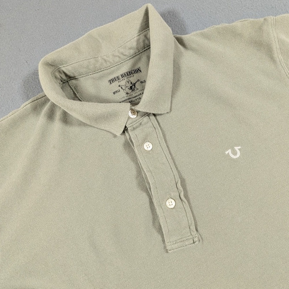 True‎ Religion Polo Shirt Mens XXL Sage Green Short Sleeve Horseshoe Logo Pique